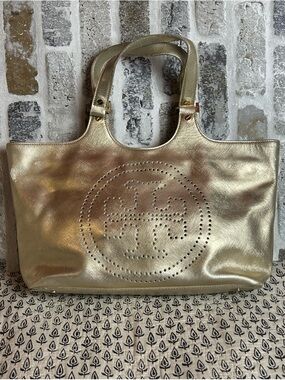 Tory Burch Gold Metallic Saffiano Burch Tote Bag with Perforated Logo Detail